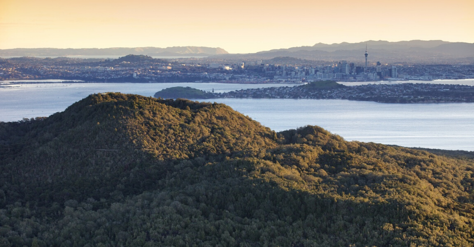 Aerial view over Rangitoto to Auckland city
