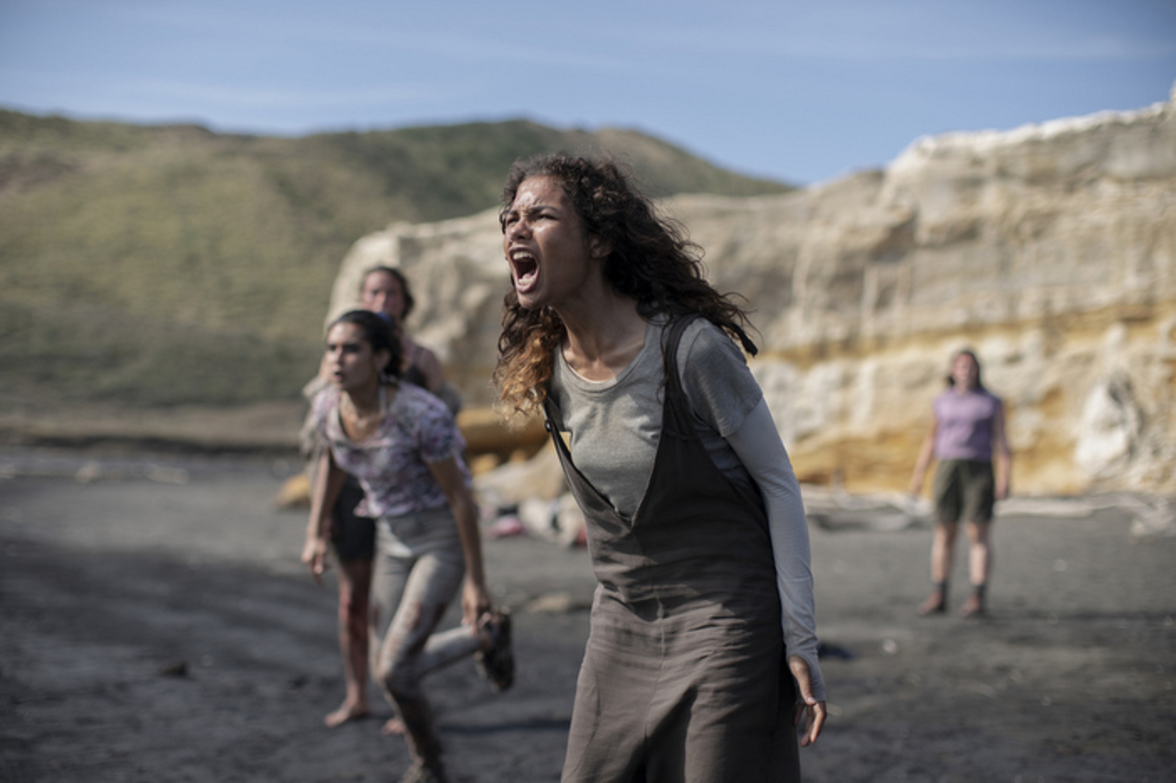 Nora Reid, played by Helena Howard, on location near Karioitahi Beach, Auckland.