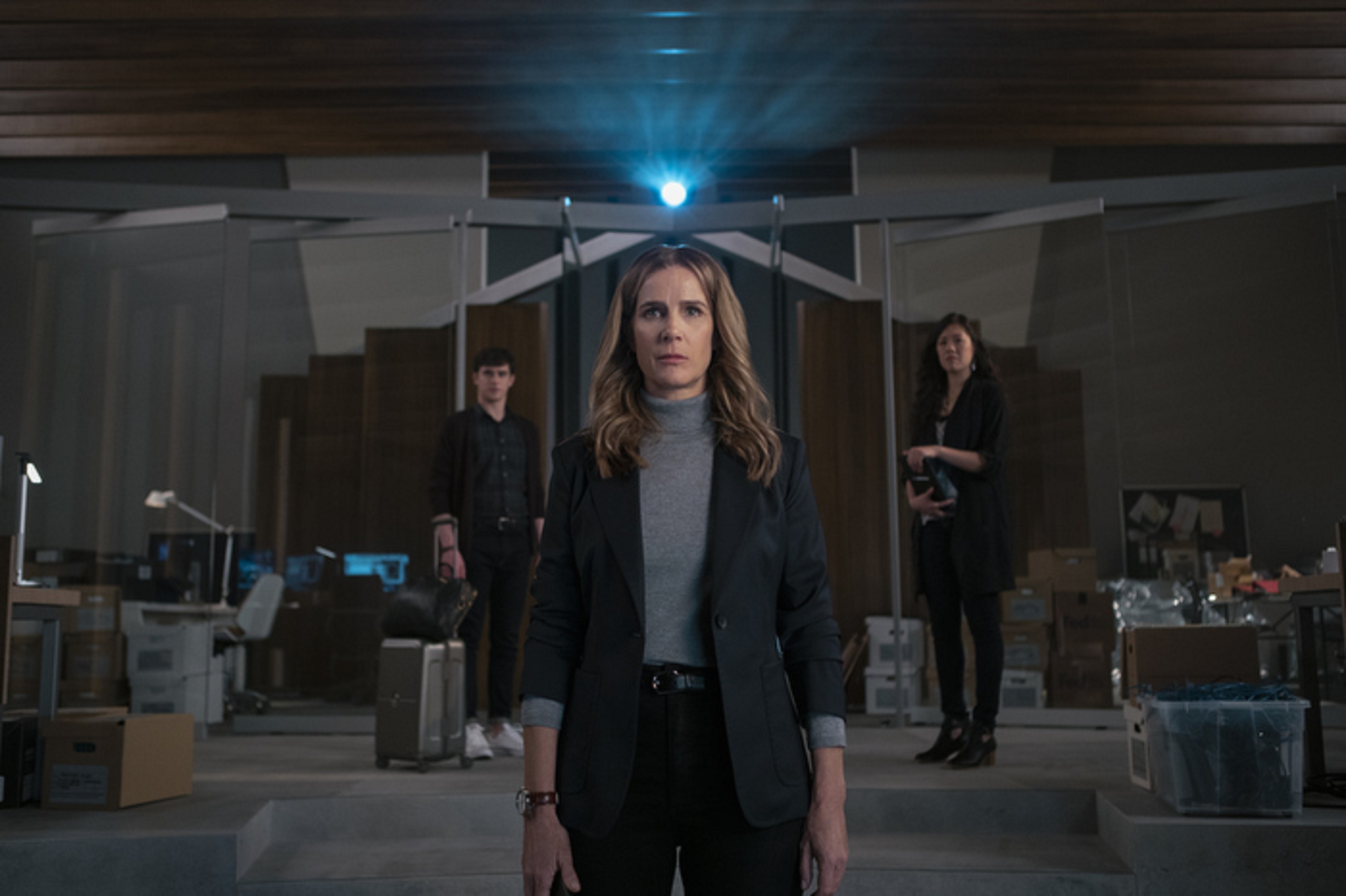 Rachel Griffiths as Experiment Controller Gretchen Klein, on set at Studio West, Auckland.