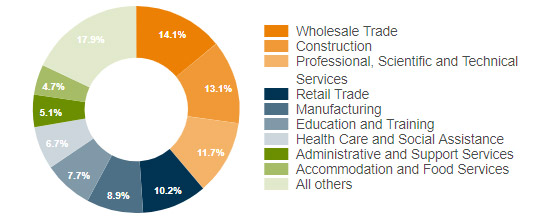 Proportion of filled jobs by ANZSIC 1-digit industries, 2019