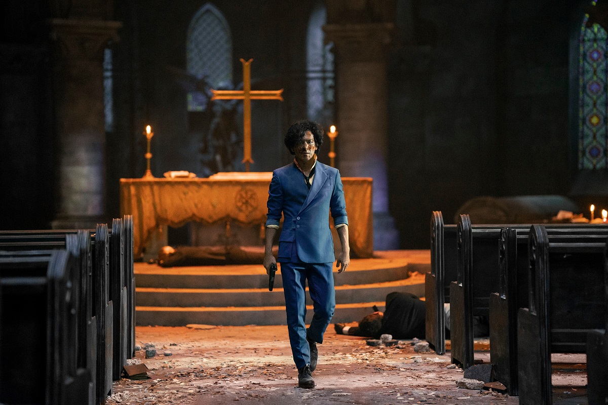 John Cho as Spike Spiegel on location at St Matthew-in-the-City, Auckland