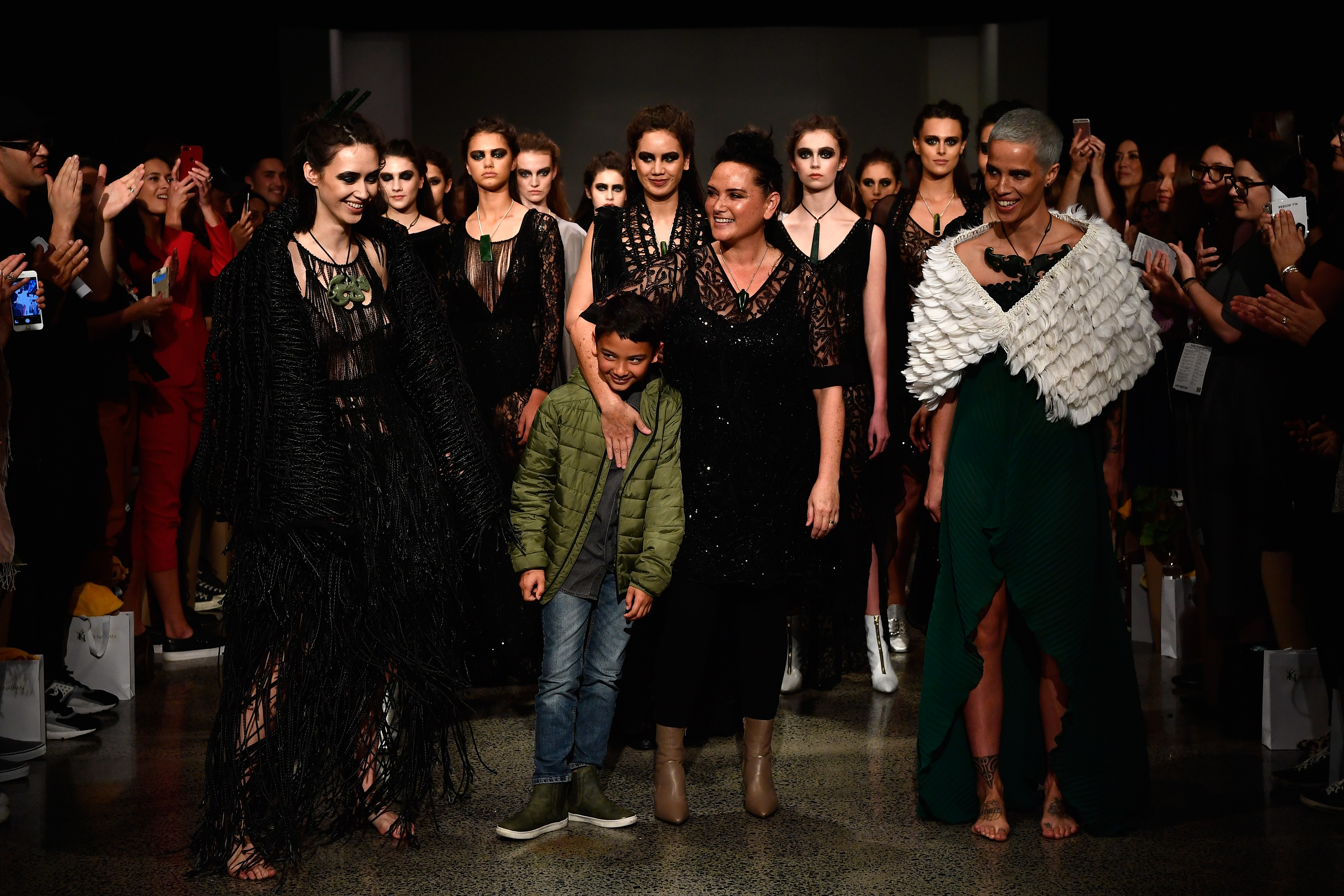 Kiri Nathan (centre) celebrates her collection at New Zealand Fashion Week 2018.
