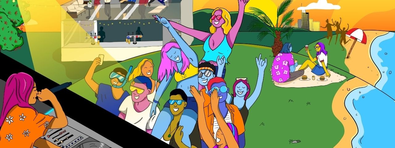 cartoon image of people having beach party