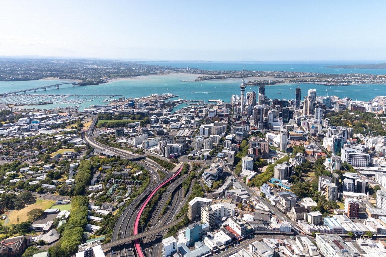 Auckland view of the Lightpath, Skytower, and Harbour bridge