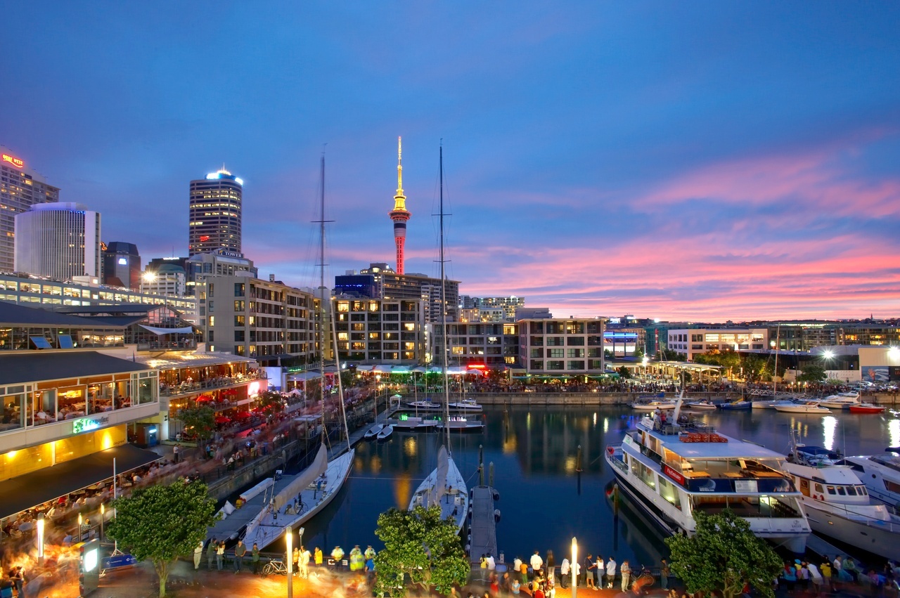 Sunset at viaduct Harbour in Auckland