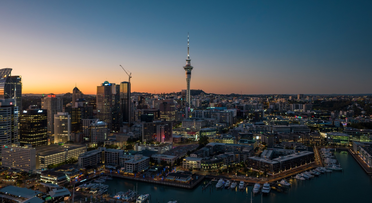 Auckland New Zealand at sunset with the Sky Tower