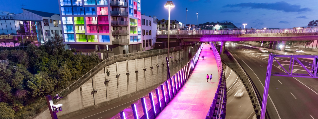 The Lightpath and the Haka Hotel lit up at night