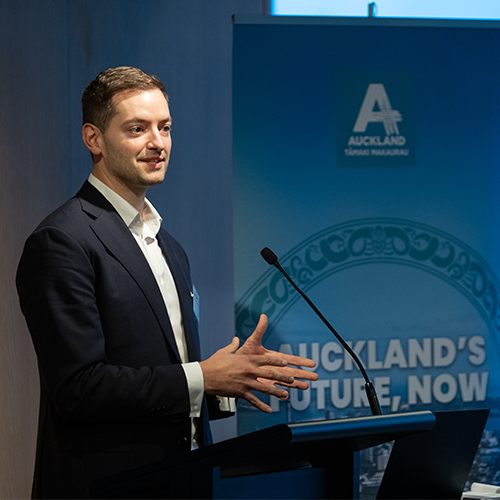 Tim Moonen speaking at Auckland's Future, Now 2023 event