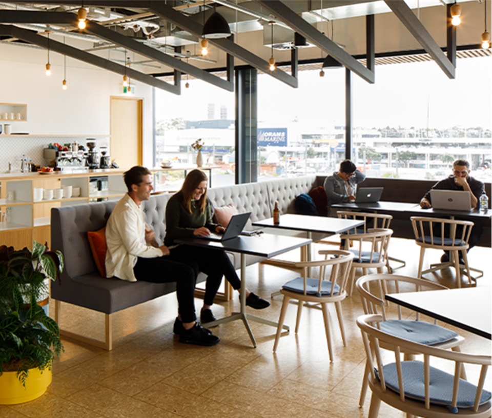 People working on laptops in a cafe