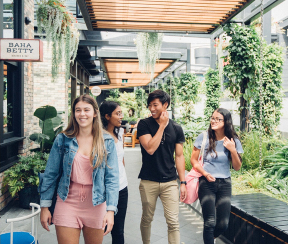 Group of youth walking through Auckland city resturants