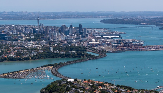 Auckland City skyline from above Bastian Point with the Sky Tower and the Harbour Bridge on the background
