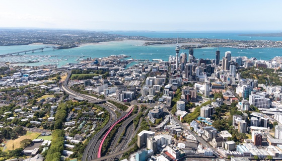 Auckland view of the Lightpath, Skytower, and Harbour bridge