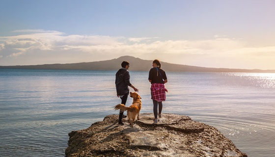 Two people and a dog on a rock at Kohimaramara beach looking out to Rangitoto Island