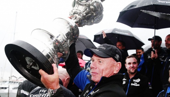 Grant Dalton holds the Americas Cup trophy at the Emirates Team New Zealand Homecoming parade
