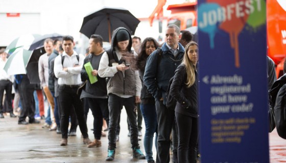 Young people waiting in line for jobs