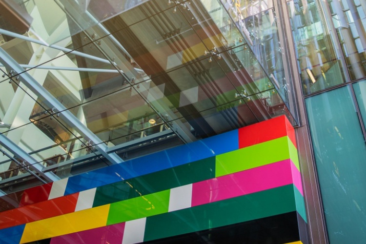 Glass building and art work at Jellicoe Street in Auckland